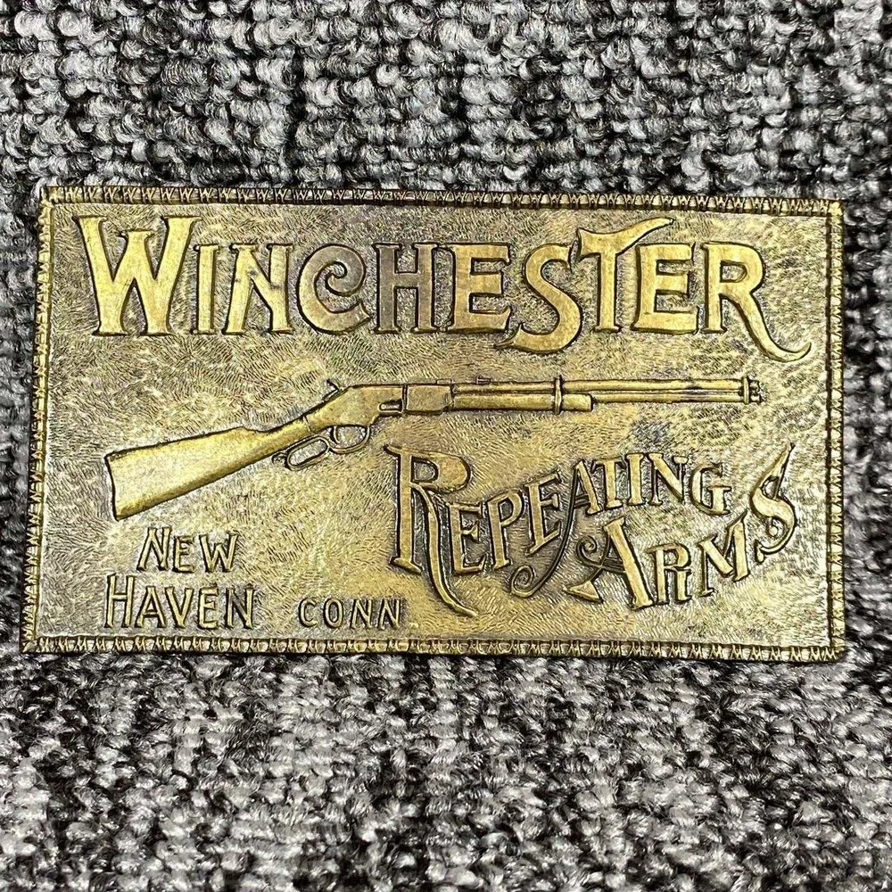 Vtg Winchester Repeating‎ Arms Brass Belt Buckle Lever Action Rifle New Haven CT